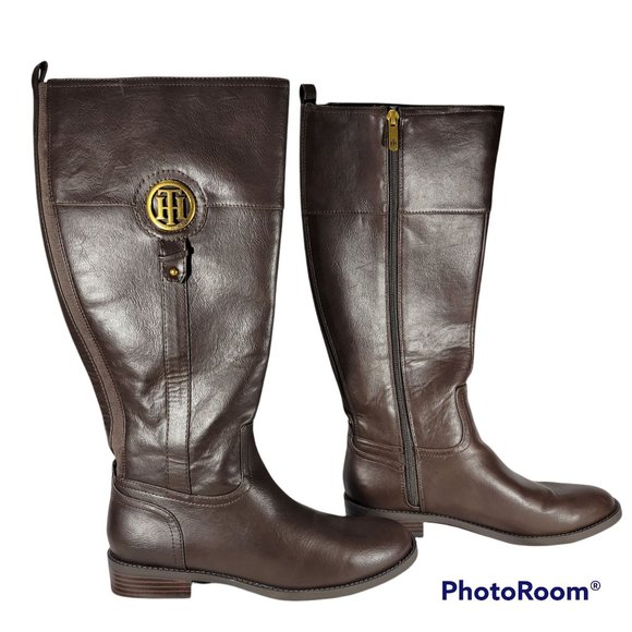 Tommy Hilfiger Shoes - Tommy Hilfiger Ladies 8.5M IMINA Dark Brown Faux Leather Block Heel Riding Boots